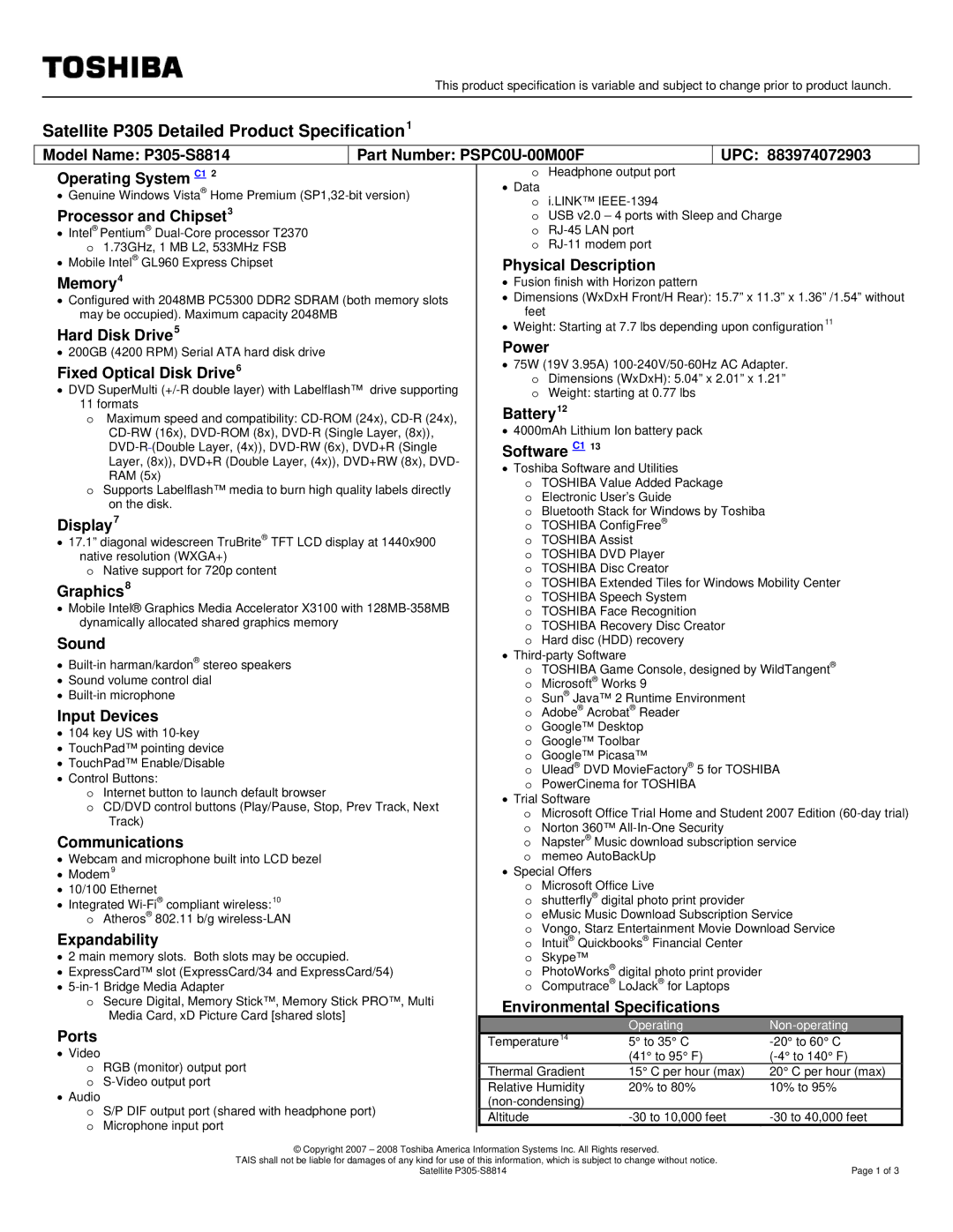 Toshiba P305-S8814 specifications Processor and Chipset3, Physical Description Memory4, Hard Disk Drive5, Power, Battery12 