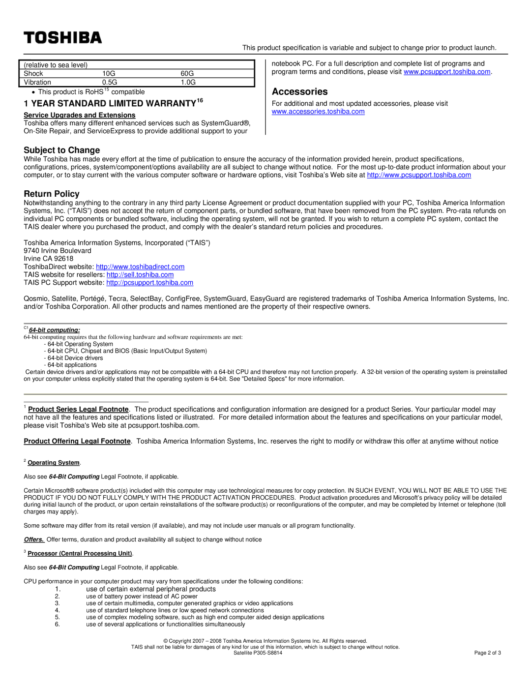 Toshiba P305-S8814 specifications Subject to Change Return Policy, Operating System, Processor Central Processing Unit 