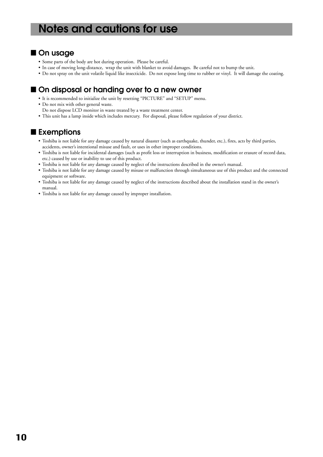 Toshiba P32LS1 owner manual On usage, On disposal or handing over to a new owner, Exemptions 