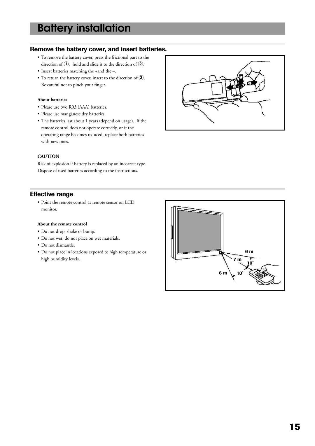 Toshiba P32LS1 owner manual Battery installation, Remove the battery cover, and insert batteries, Effective range 