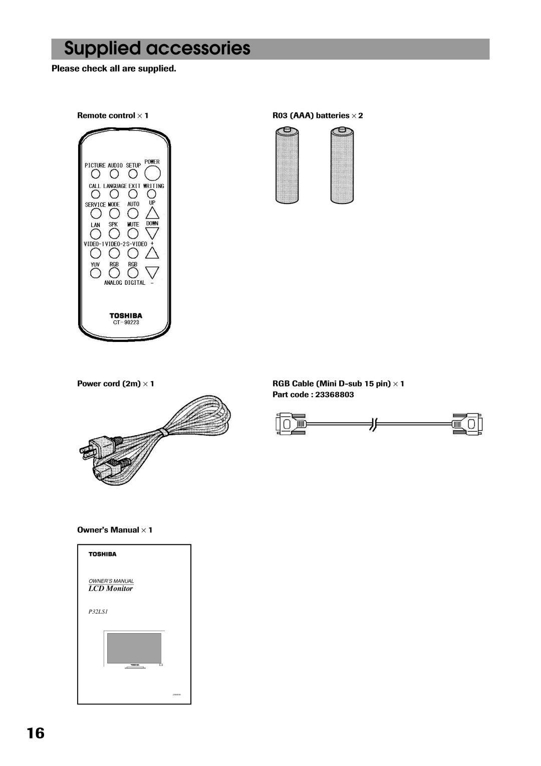 Toshiba P32LS1 owner manual Supplied accessories, Please check all are supplied 