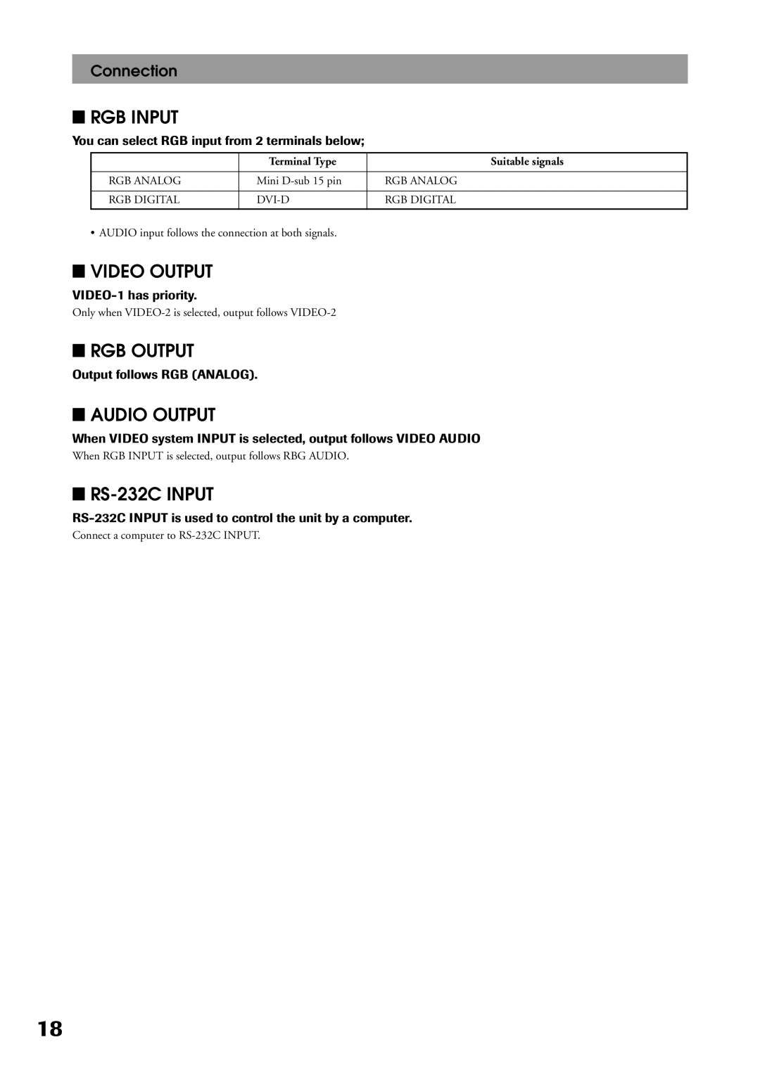 Toshiba P32LS1 owner manual Connection, You can select RGB input from 2 terminals below, VIDEO-1 has priority 