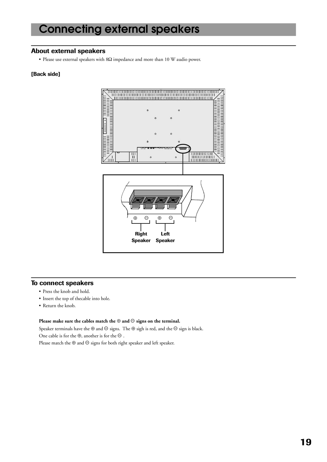 Toshiba P32LS1 owner manual Connecting external speakers, About external speakers, To connect speakers, Back side 