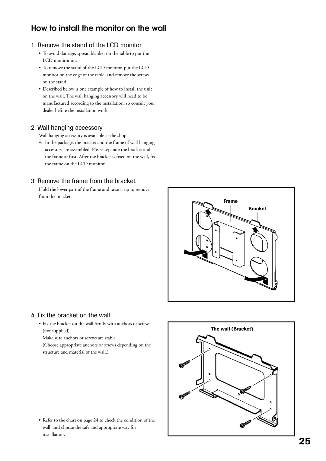 Toshiba P32LS1 How to install the monitor on the wall, Remove the stand of the LCD monitor, Wall hanging accessory 