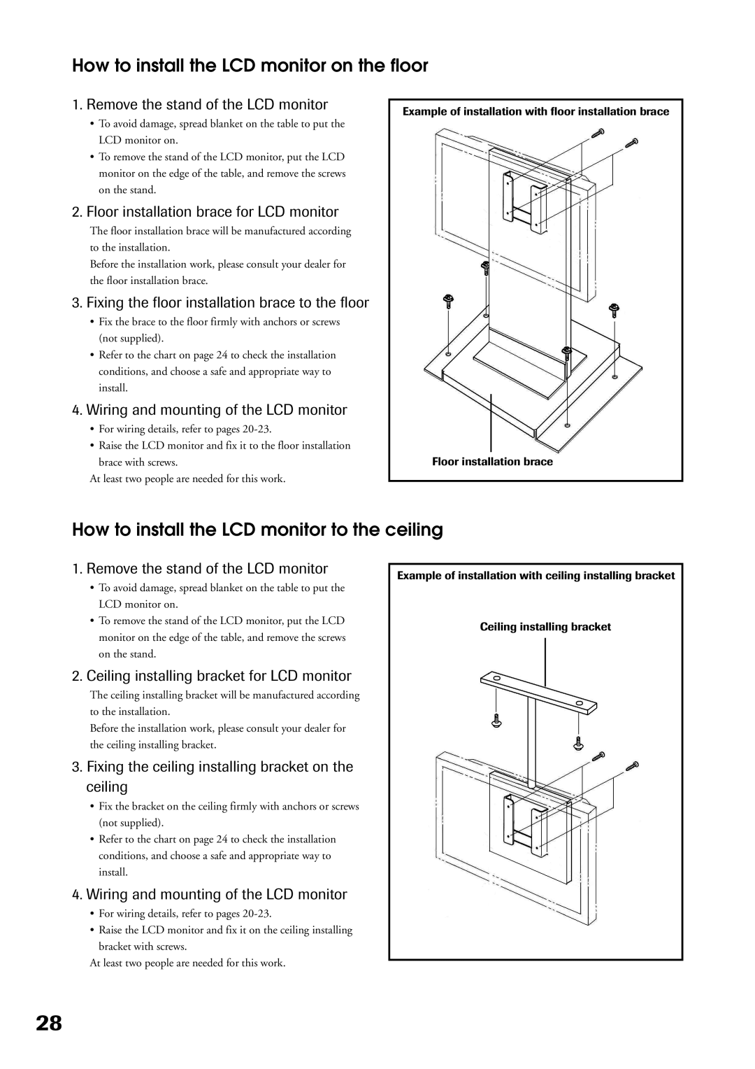 Toshiba P32LS1 owner manual How to install the LCD monitor on the floor, How to install the LCD monitor to the ceiling 