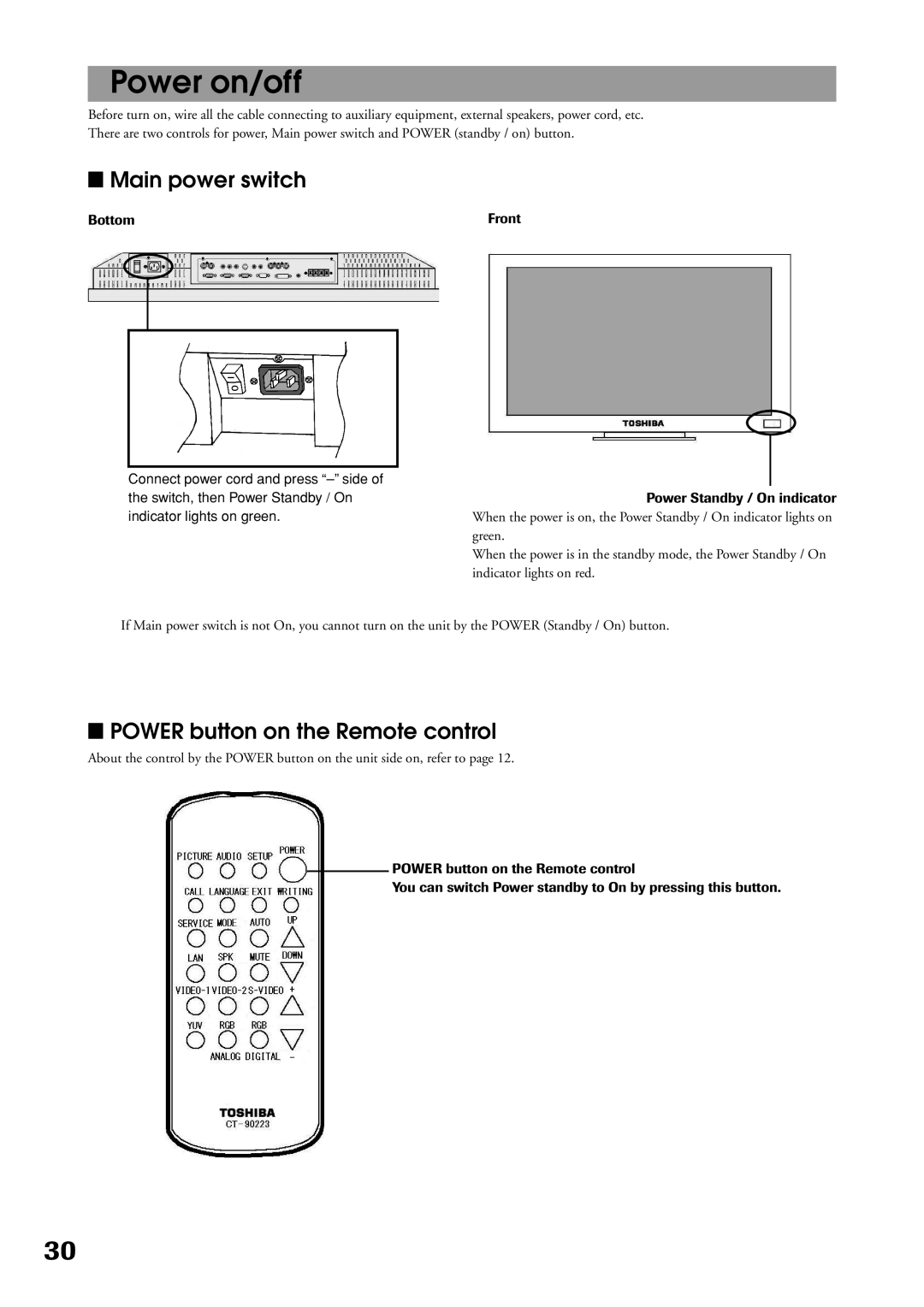 Toshiba P32LS1 owner manual Power on/off, Main power switch, Power button on the Remote control 