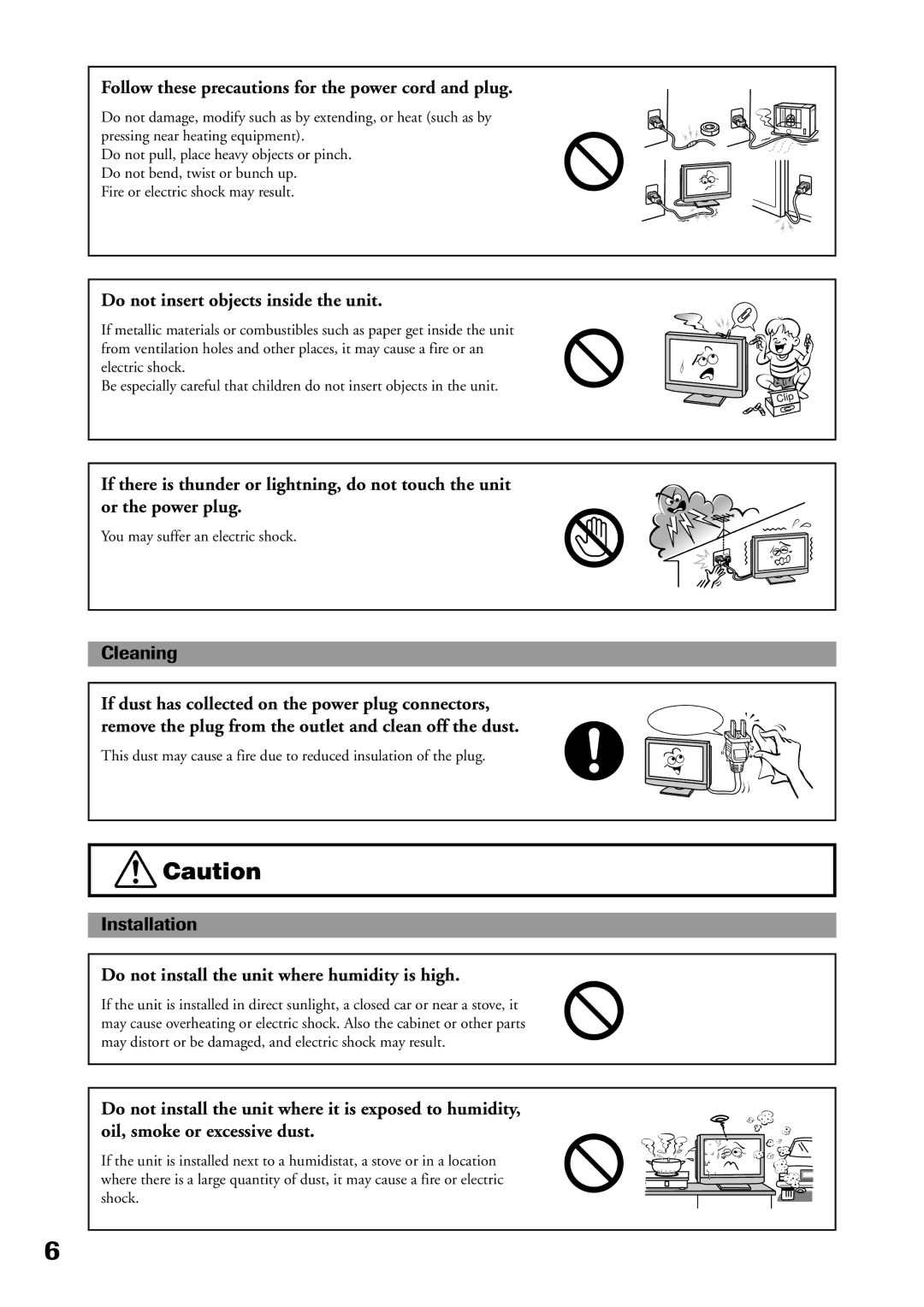 Toshiba P32LS1 owner manual Follow these precautions for the power cord and plug, Cleaning 