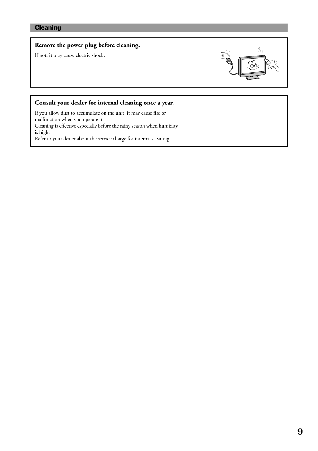 Toshiba P32LS1 owner manual Remove the power plug before cleaning 