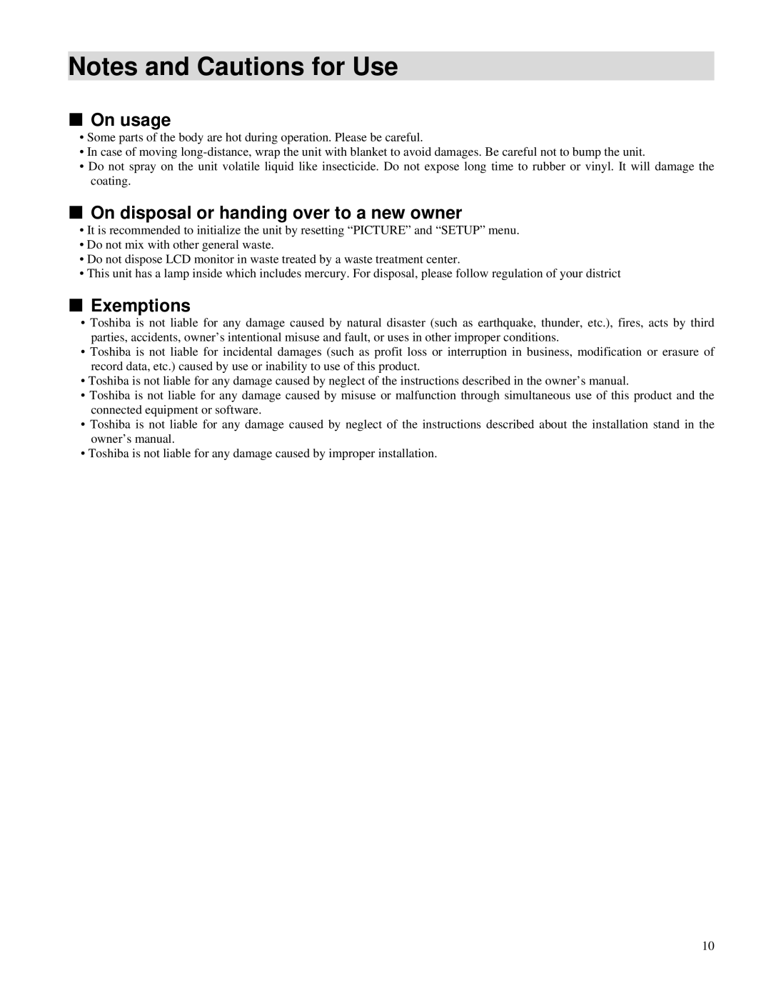 Toshiba P32LSA owner manual On usage, On disposal or handing over to a new owner, Exemptions 