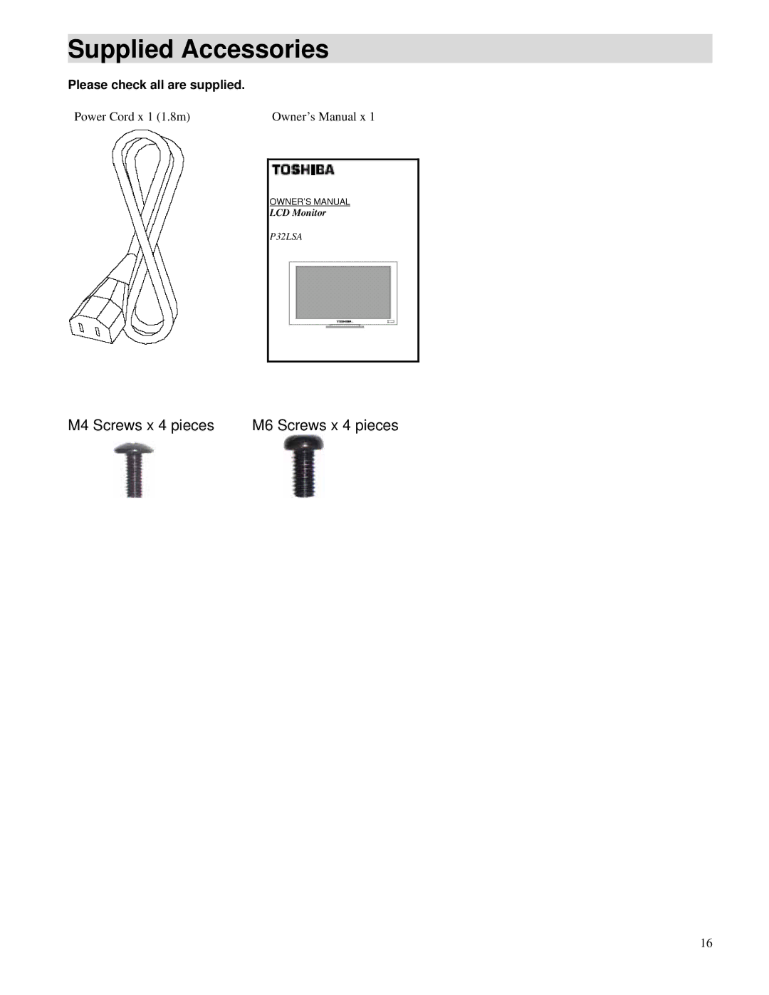 Toshiba P32LSA owner manual Supplied Accessories, Please check all are supplied 