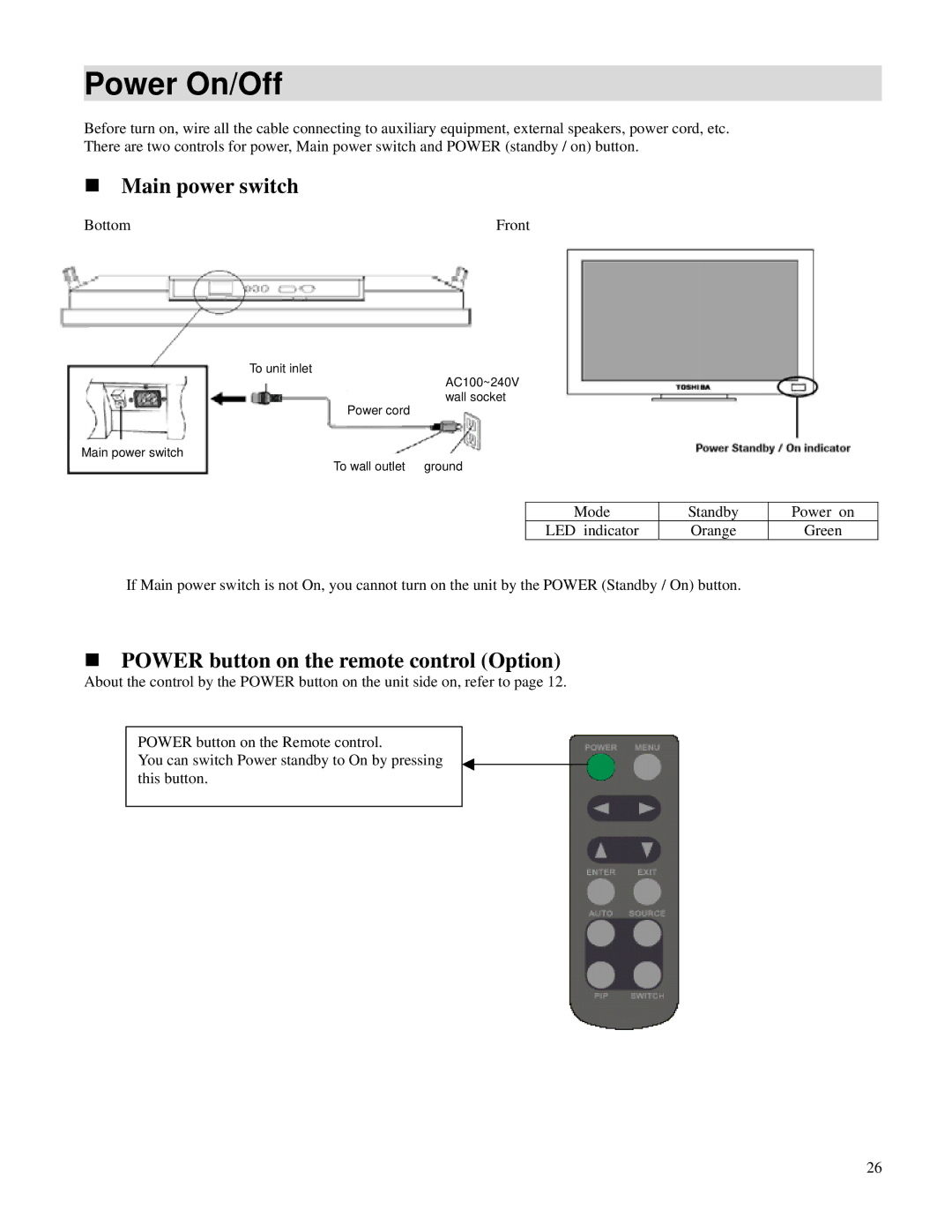 Toshiba P32LSA owner manual Power On/Off, Main power switch 