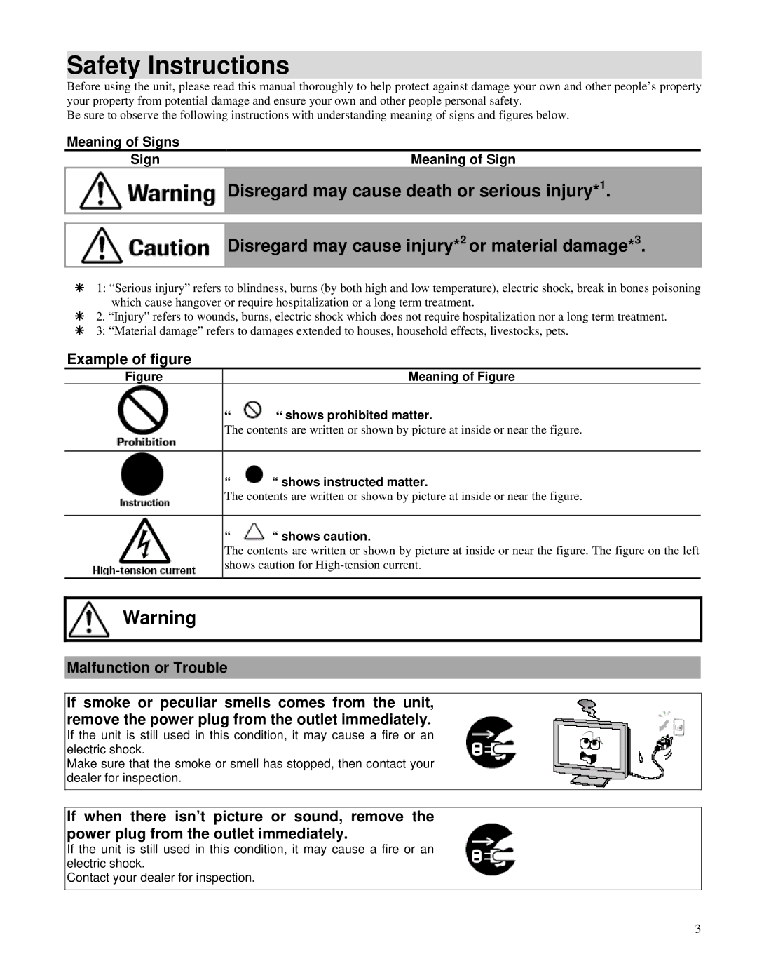 Toshiba P32LSA owner manual Safety Instructions, Disregard may cause death or serious injury*1, Example of figure 