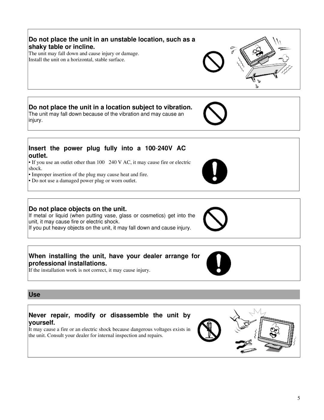 Toshiba P32LSA owner manual Do not place the unit in a location subject to vibration, Do not place objects on the unit 