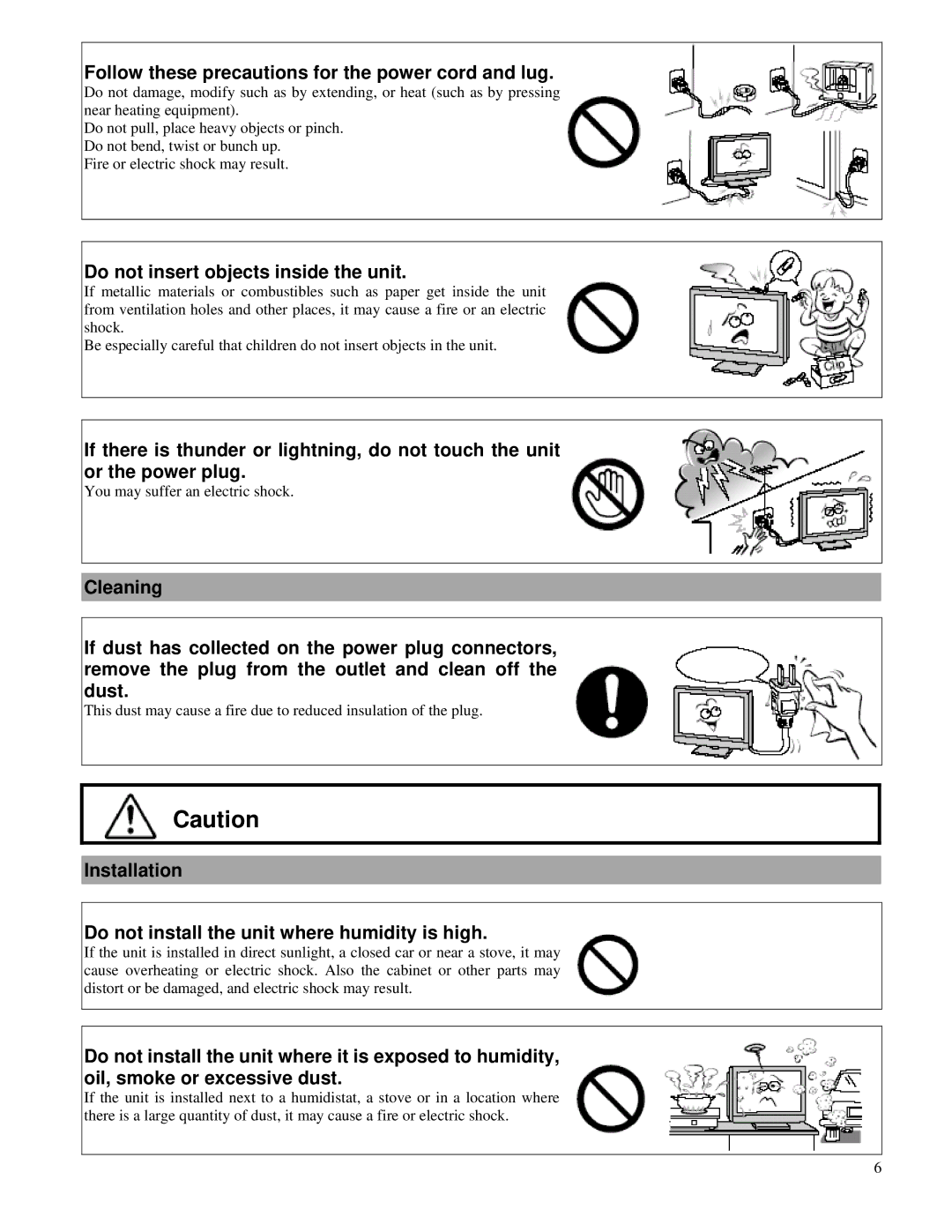 Toshiba P32LSA owner manual Follow these precautions for the power cord and lug, Do not insert objects inside the unit 