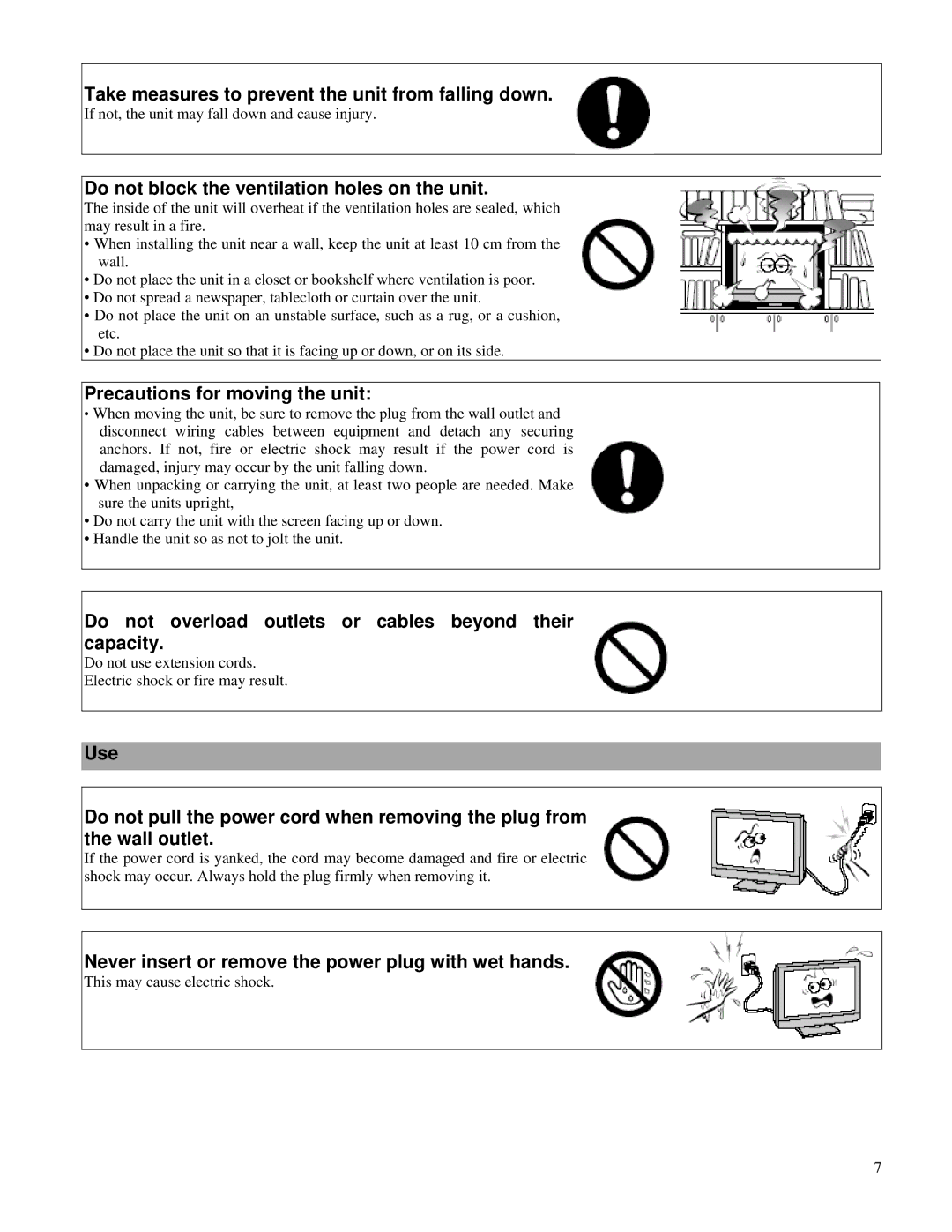 Toshiba P32LSA Take measures to prevent the unit from falling down, Do not block the ventilation holes on the unit 