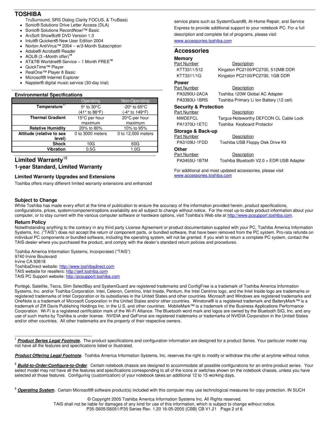 Toshiba P35-S6051 warranty Limited Warranty18 