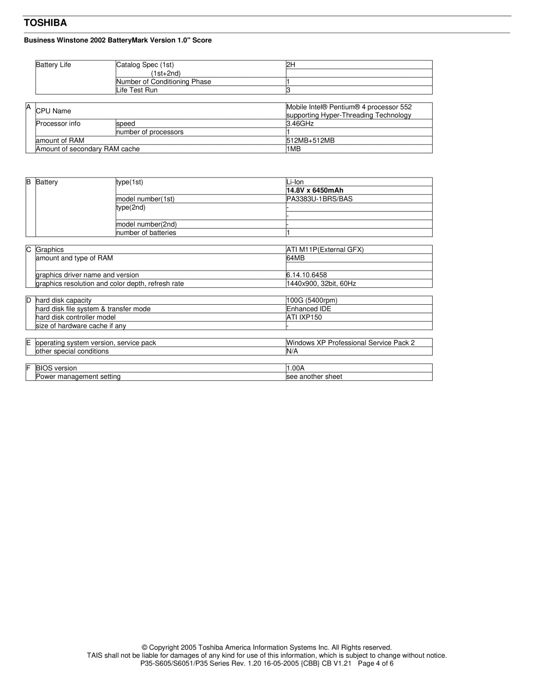 Toshiba P35-S6051 warranty Business Winstone 2002 BatteryMark Version 1.0 Score 