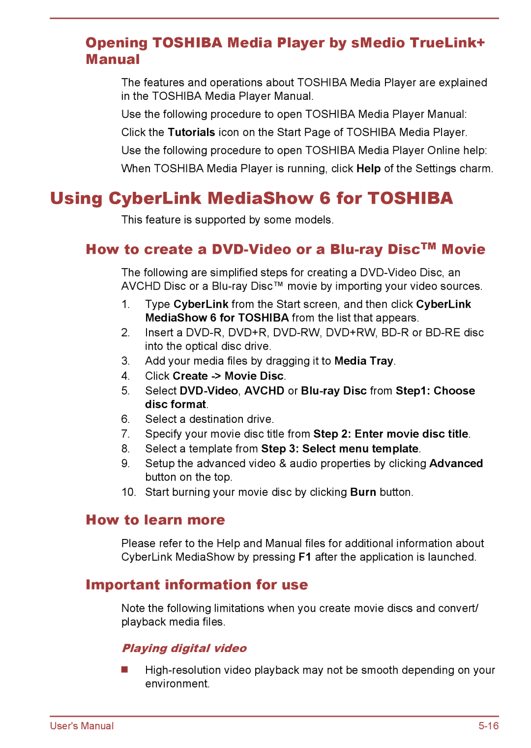 Toshiba S40Dt-A, P40-A Using CyberLink MediaShow 6 for Toshiba, Opening Toshiba Media Player by sMedio TrueLink+ Manual 