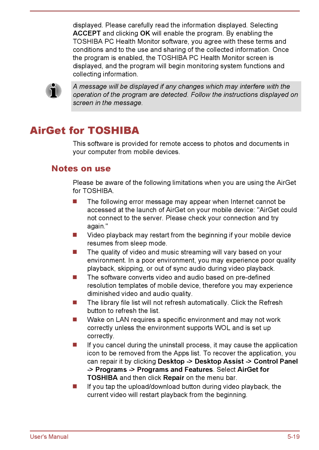 Toshiba S40t-A, P40-A, P40t-A, S40Dt-A, S40D-A, S40-A, L40t-A, L40-A, L40D-A, L40Dt-A manual AirGet for Toshiba 