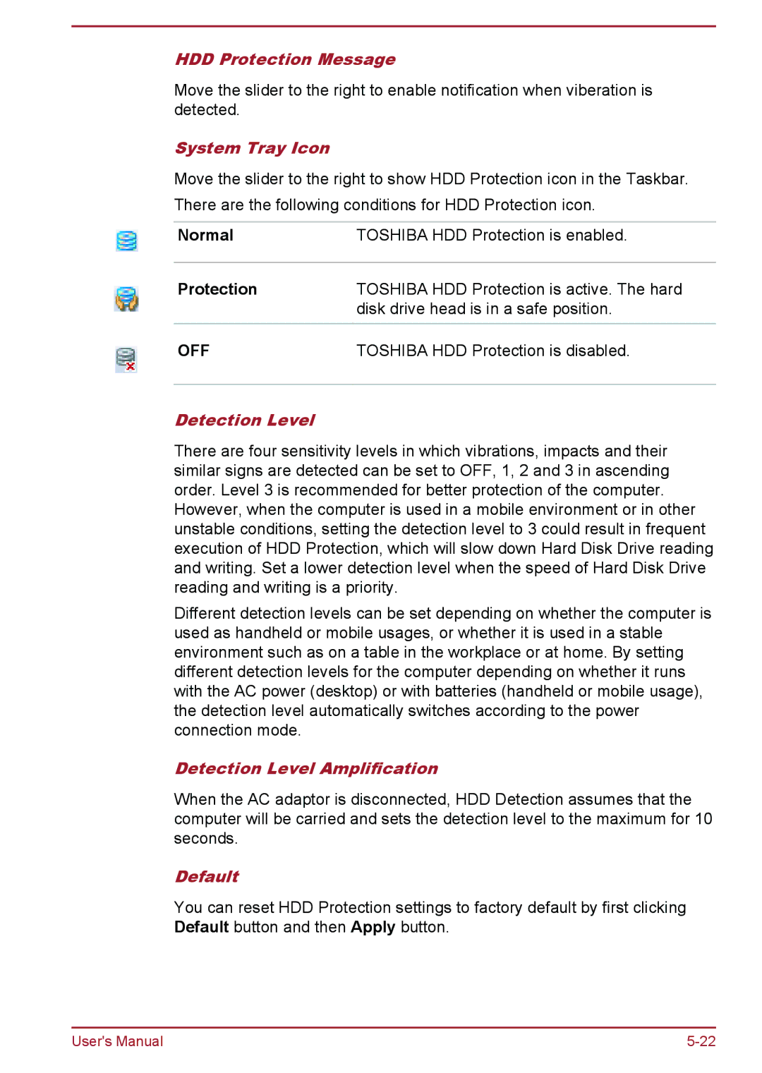 Toshiba L40D-A, P40-A, P40t-A, S40Dt-A HDD Protection Message, System Tray Icon, Detection Level Amplification, Default 
