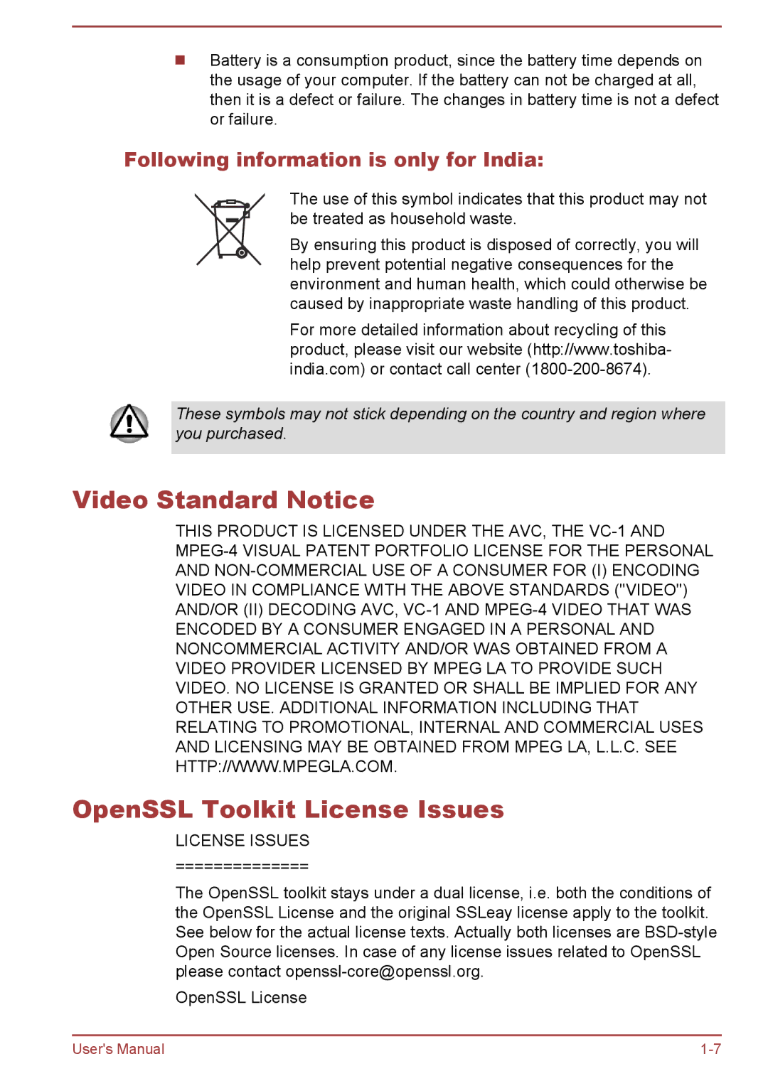 Toshiba P40t-A, P40-A, S40D-A Video Standard Notice OpenSSL Toolkit License Issues, Following information is only for India 