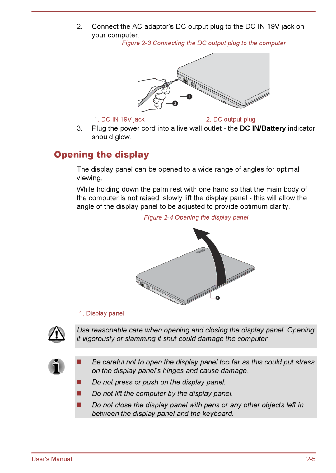 Toshiba S40-A, P40-A, P40t-A, S40Dt-A, S40D-A, S40t-A, L40-A Opening the display, Connecting the DC output plug to the computer 