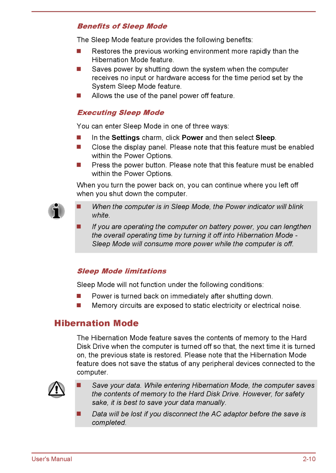 Toshiba L40Dt-A, P40-A, P40t-A, S40-A Hibernation Mode, Benefits of Sleep Mode, Executing Sleep Mode, Sleep Mode limitations 