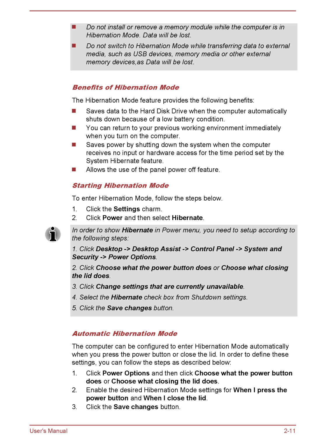 Toshiba P40-A, P40t-A, S40Dt-A, S40D-A Benefits of Hibernation Mode, Starting Hibernation Mode, Automatic Hibernation Mode 