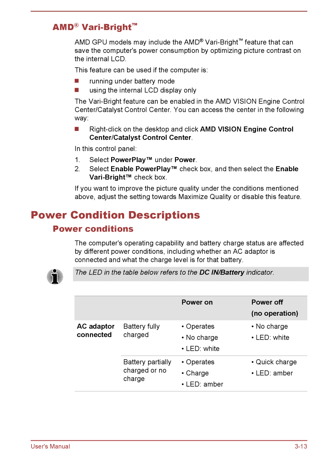 Toshiba S40-A, P40-A, P40t-A, S40Dt-A, S40D-A, S40t-A, L40t-A Power Condition Descriptions, AMD Vari-Bright, Power conditions 