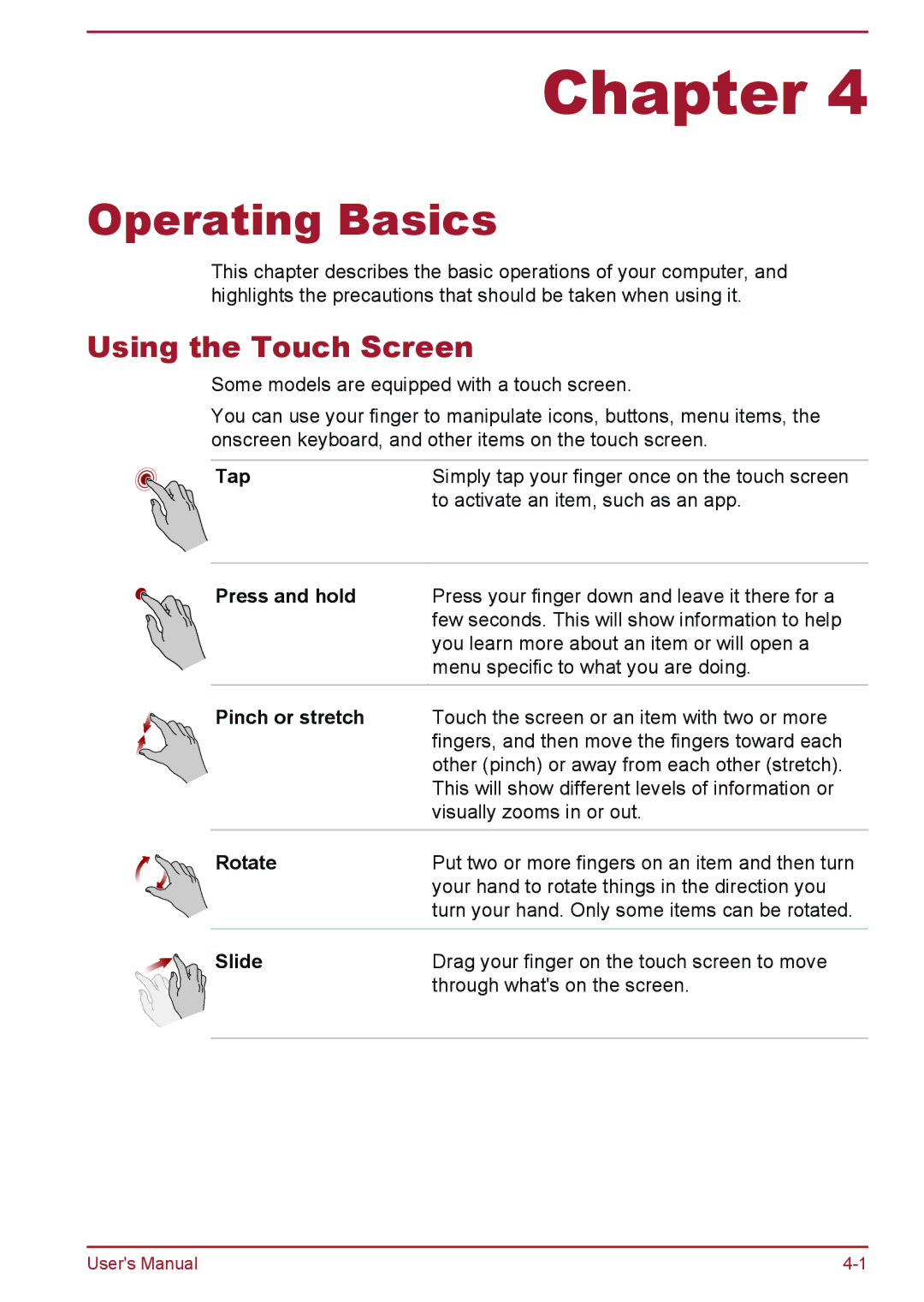 Toshiba L40-A, P40-A, P40t-A, S40Dt-A, S40D-A, S40-A, S40t-A, L40t-A, L40D-A, L40Dt-A manual Using the Touch Screen 