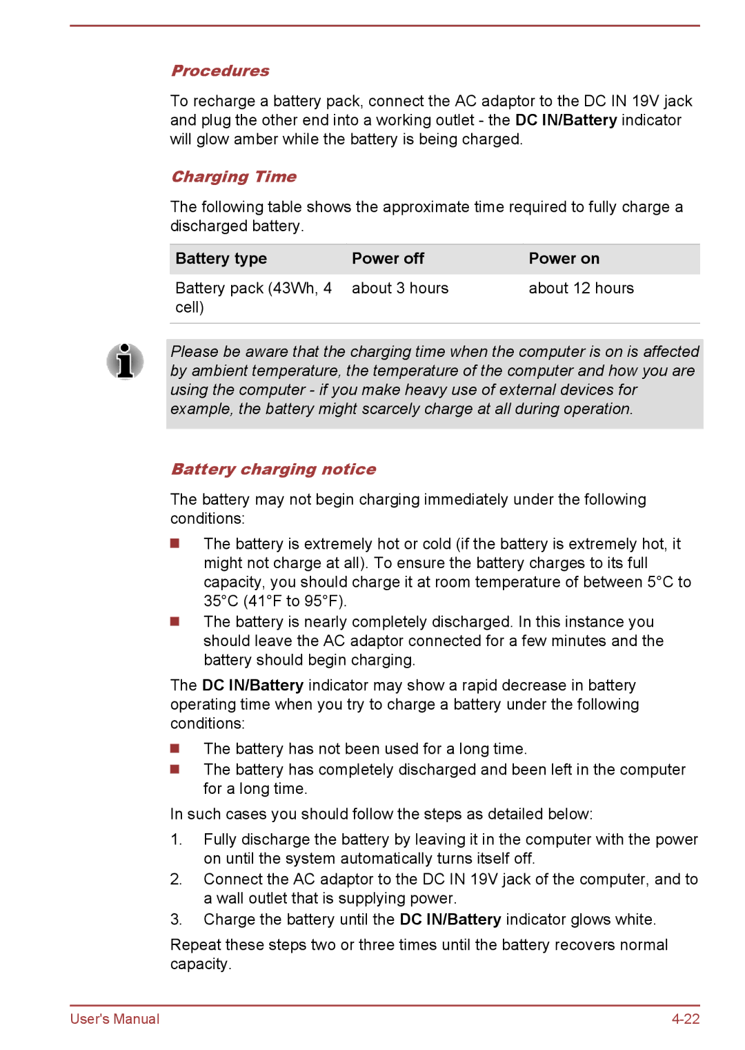 Toshiba L40D-A, P40-A, P40t-A, S40Dt-A Procedures, Charging Time, Battery type Power off Power on, Battery charging notice 