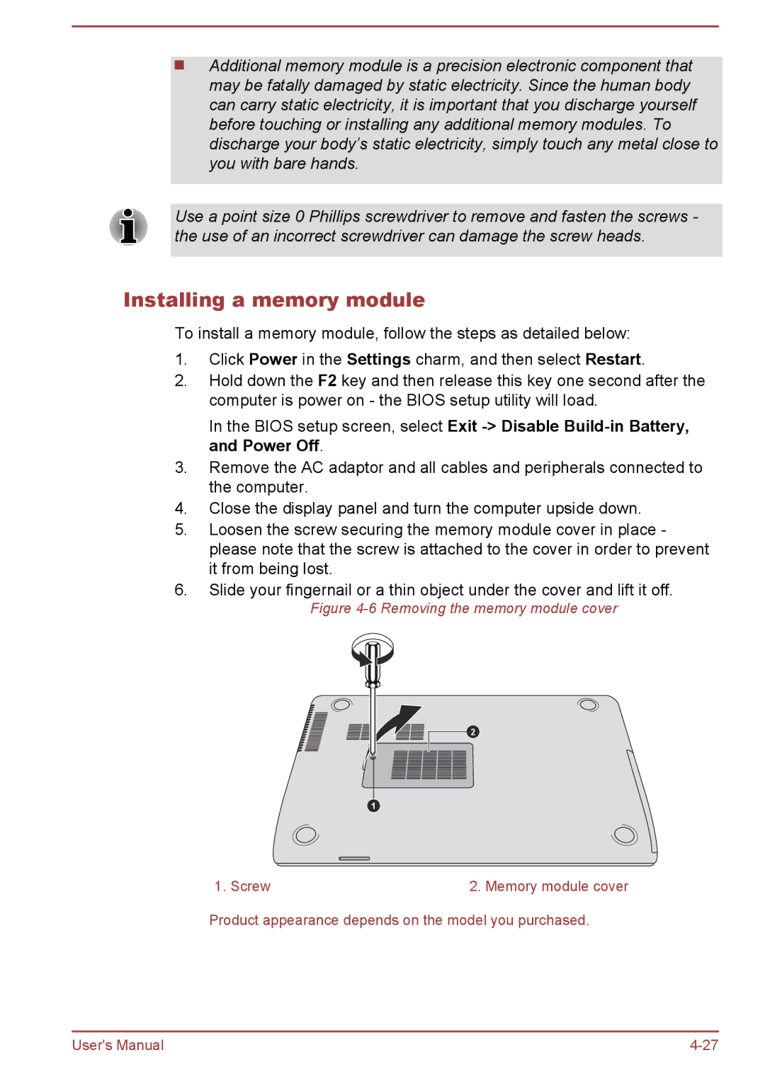 Toshiba S40D-A, P40-A, P40t-A, S40Dt-A, S40-A, S40t-A, L40t-A manual Installing a memory module, Removing the memory module cover 