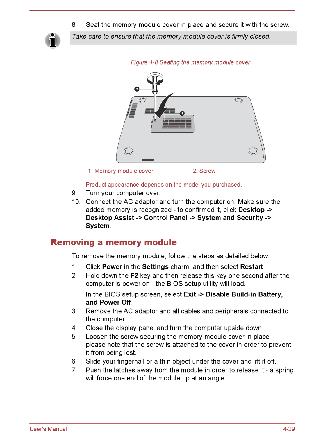 Toshiba S40t-A, P40-A, P40t-A, S40Dt-A Removing a memory module, Desktop Assist Control Panel System and Security System 