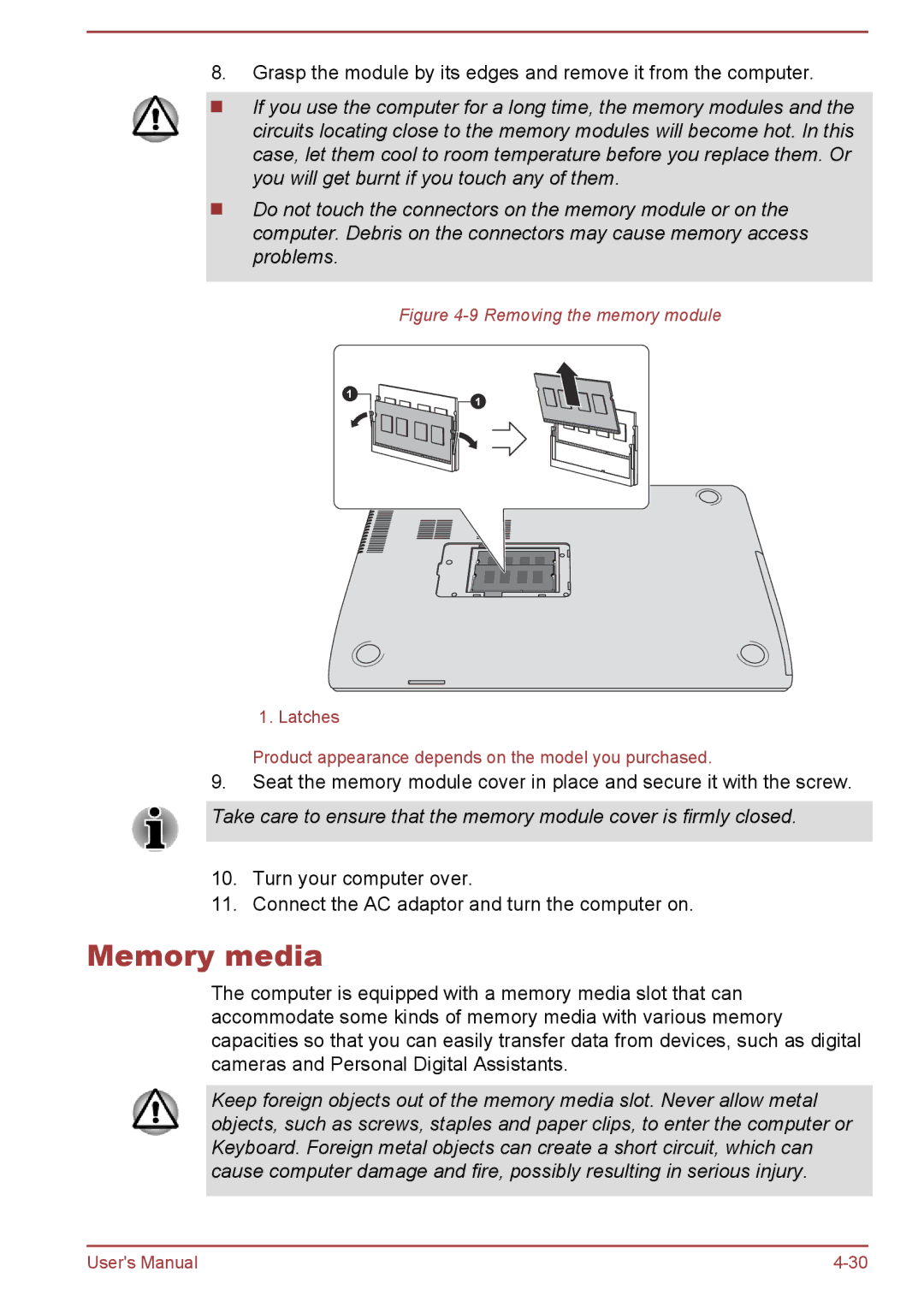 Toshiba L40t-A, P40-A, P40t-A, S40Dt-A, S40D-A, S40-A, S40t-A, L40-A, L40D-A, L40Dt-A Memory media, Removing the memory module 