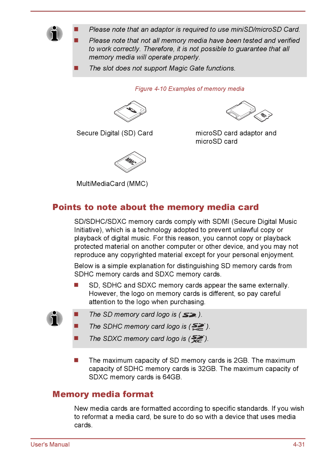 Toshiba L40-A, P40-A, P40t-A, S40Dt-A, S40D-A, S40-A, S40t-A Points to note about the memory media card, Memory media format 