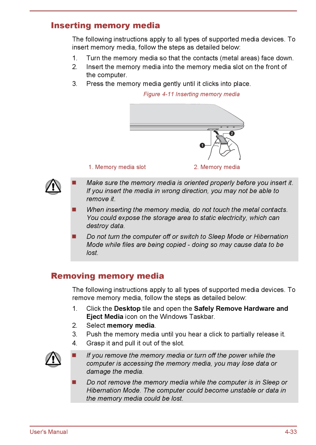 Toshiba L40Dt-A, P40-A, P40t-A, S40Dt-A, S40D-A, S40-A, S40t-A, L40t-A, L40-A manual Inserting memory media, Removing memory media 