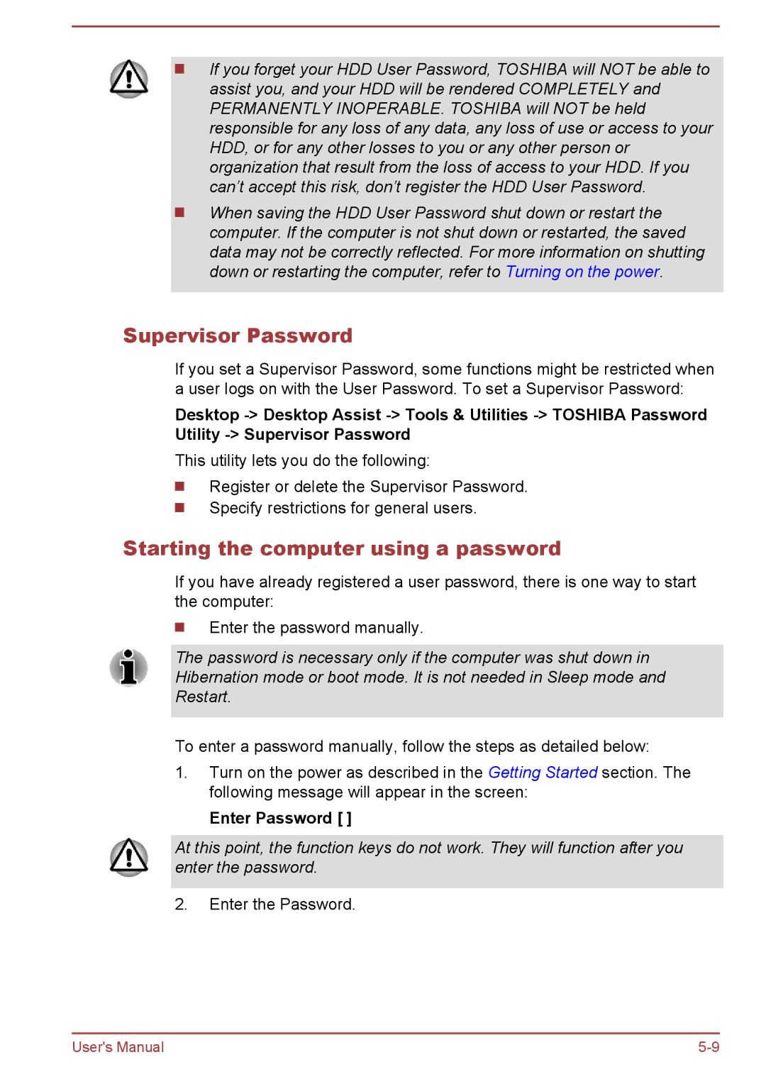 Toshiba S40t-A, P40-A, P40t-A, S40Dt-A, S40D-A Supervisor Password, Starting the computer using a password, Enter Password 