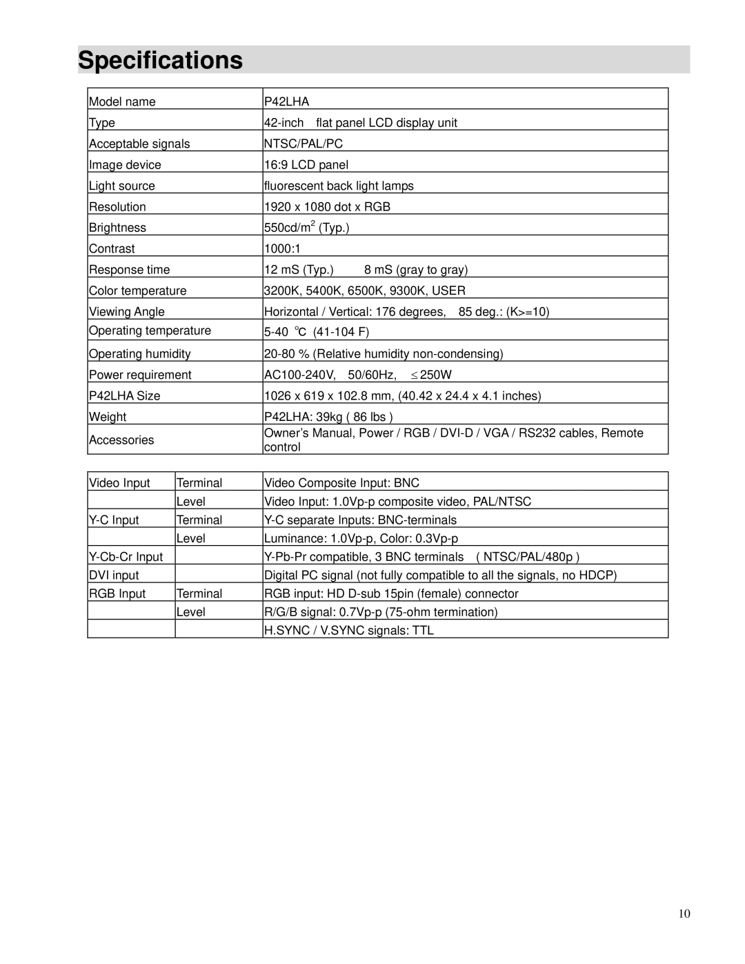 Toshiba P42LHA owner manual Specifications, Ntsc/Pal/Pc 