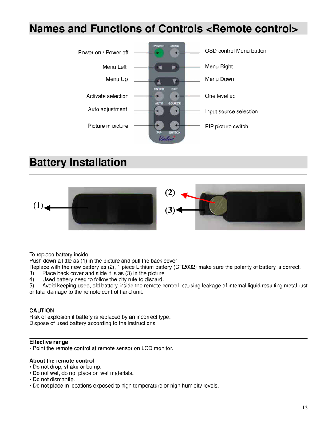 Toshiba P42LHA owner manual Names and Functions of Controls Remote control, Battery Installation, Effective range 