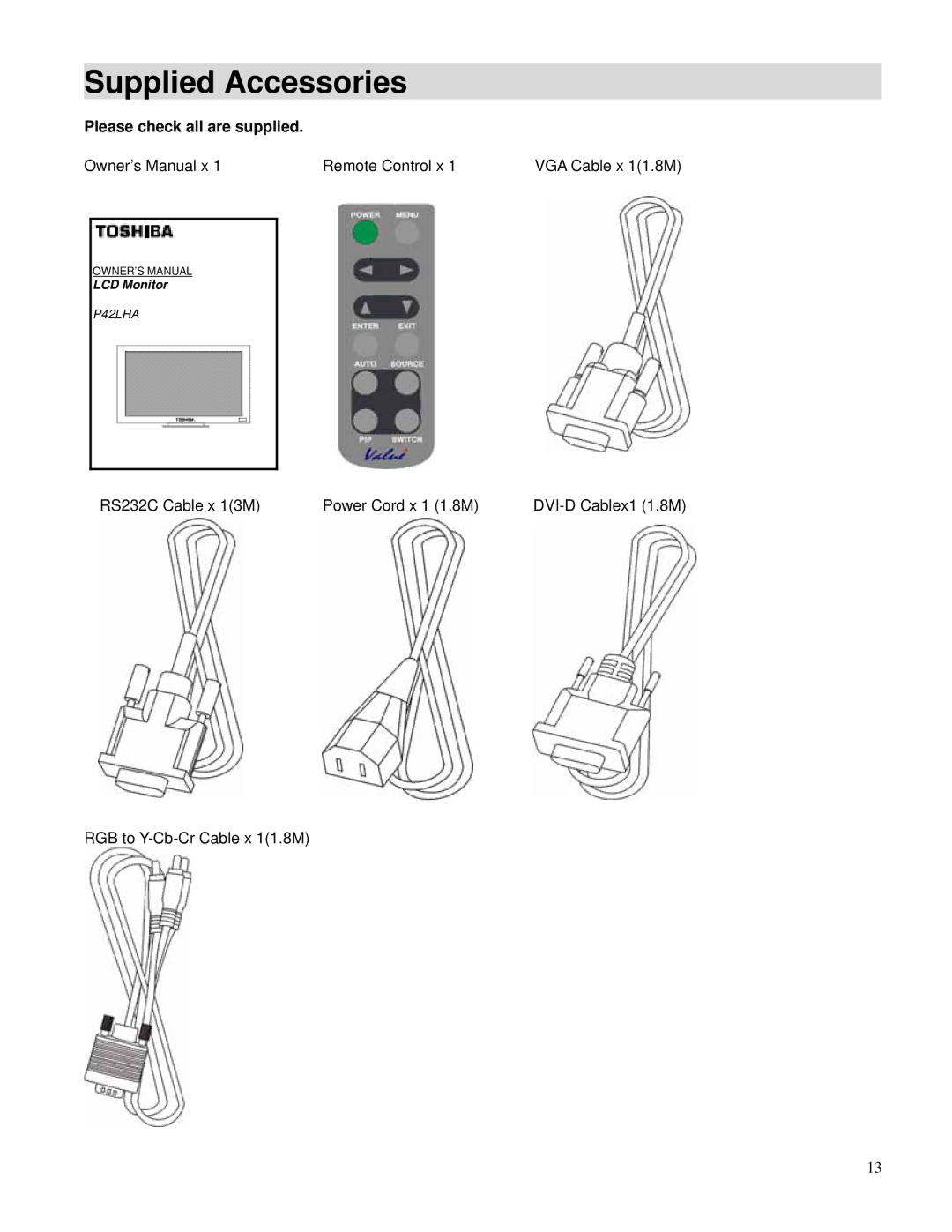 Toshiba P42LHA owner manual Supplied Accessories, Please check all are supplied 