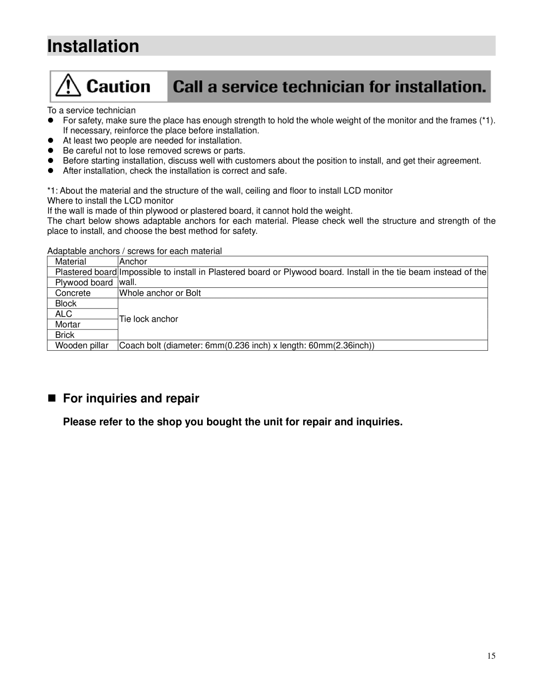 Toshiba P42LHA owner manual Installation, For inquiries and repair 