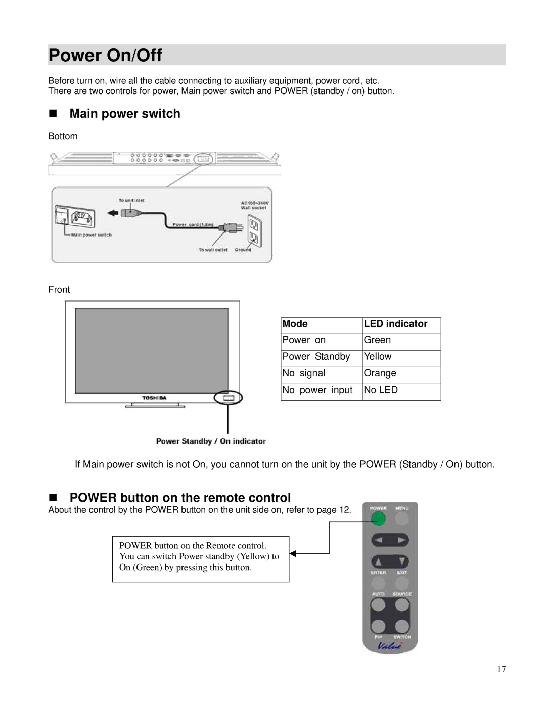 Toshiba P42LHA owner manual Power On/Off, Main power switch, Power button on the remote control 