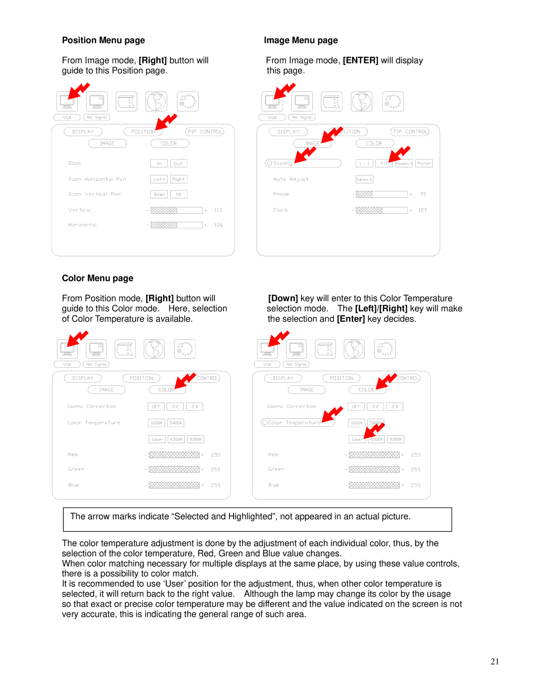 Toshiba P42LHA owner manual Position Menu, Color Menu 