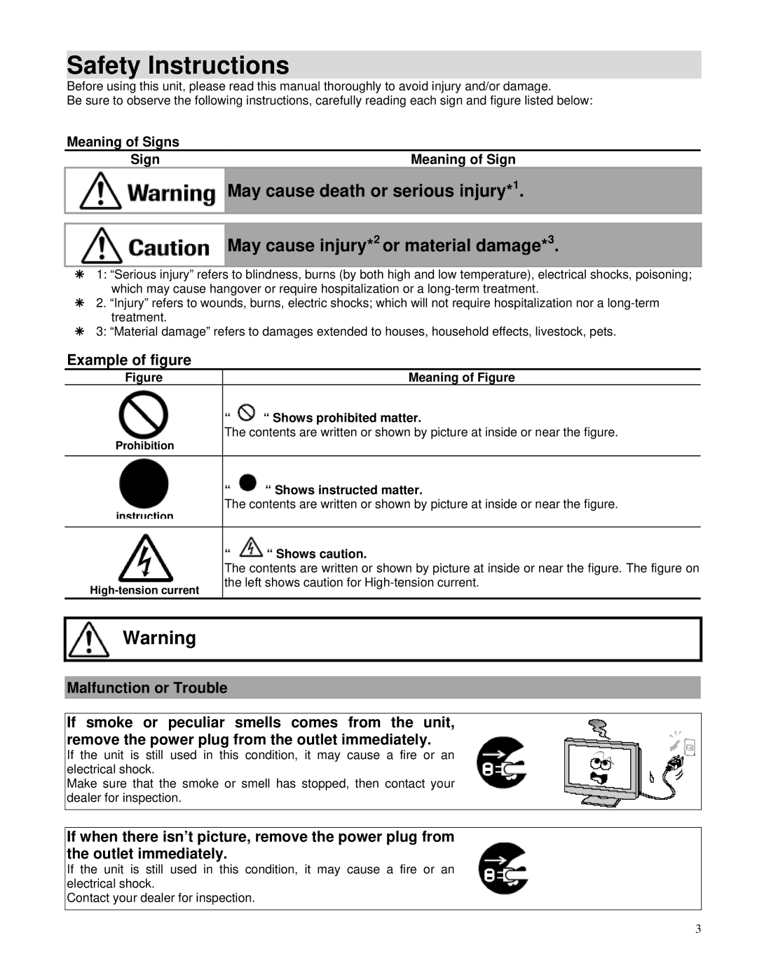 Toshiba P42LHA Safety Instructions, May cause death or serious injury*1, May cause injury*2 or material damage*3 