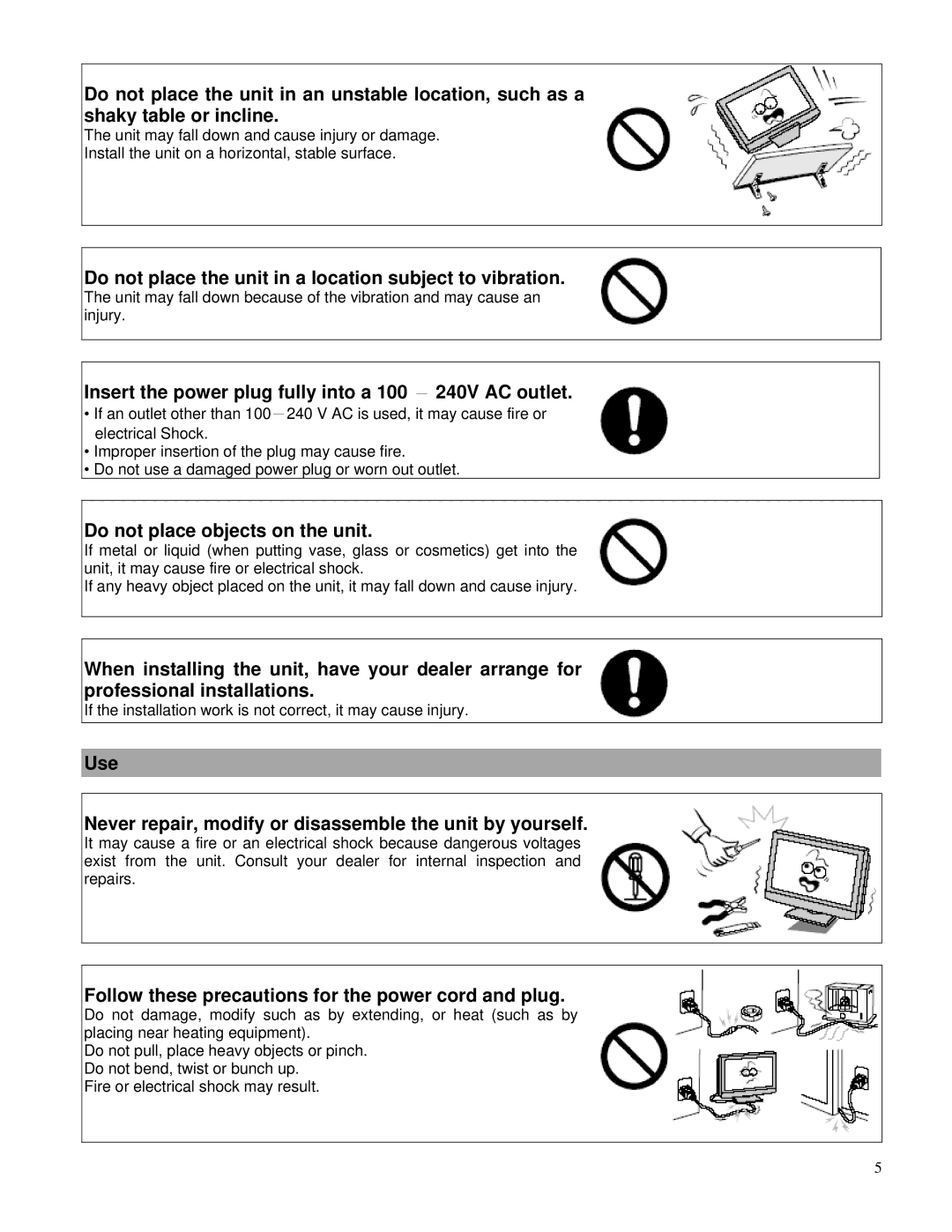 Toshiba P42LHA owner manual Do not place the unit in a location subject to vibration, Do not place objects on the unit 