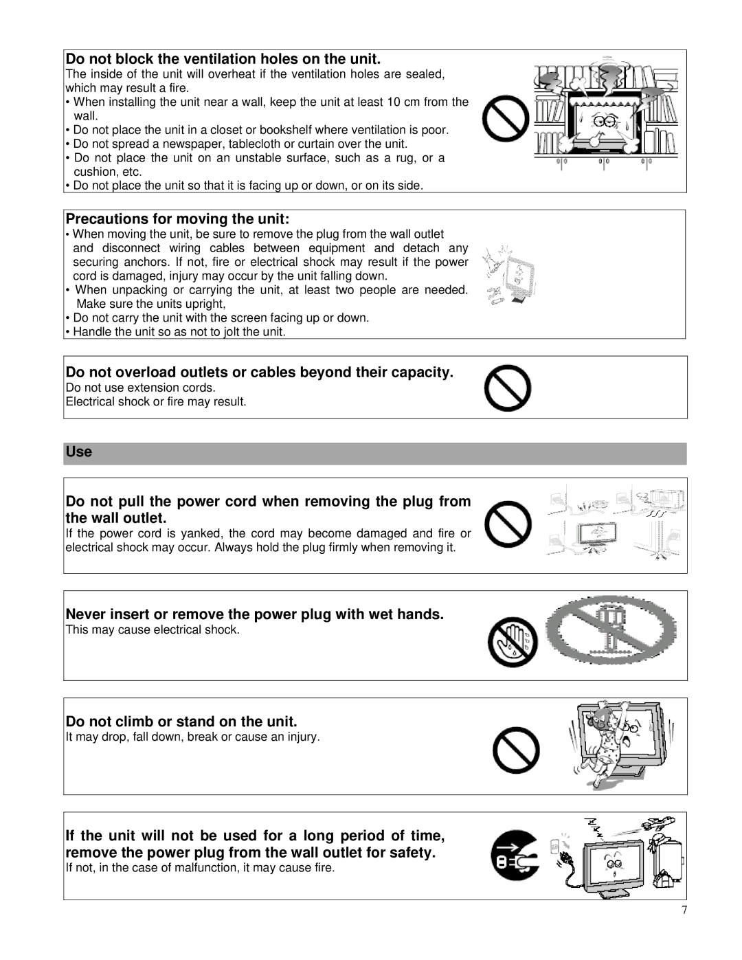 Toshiba P42LHA owner manual Do not block the ventilation holes on the unit, Precautions for moving the unit 