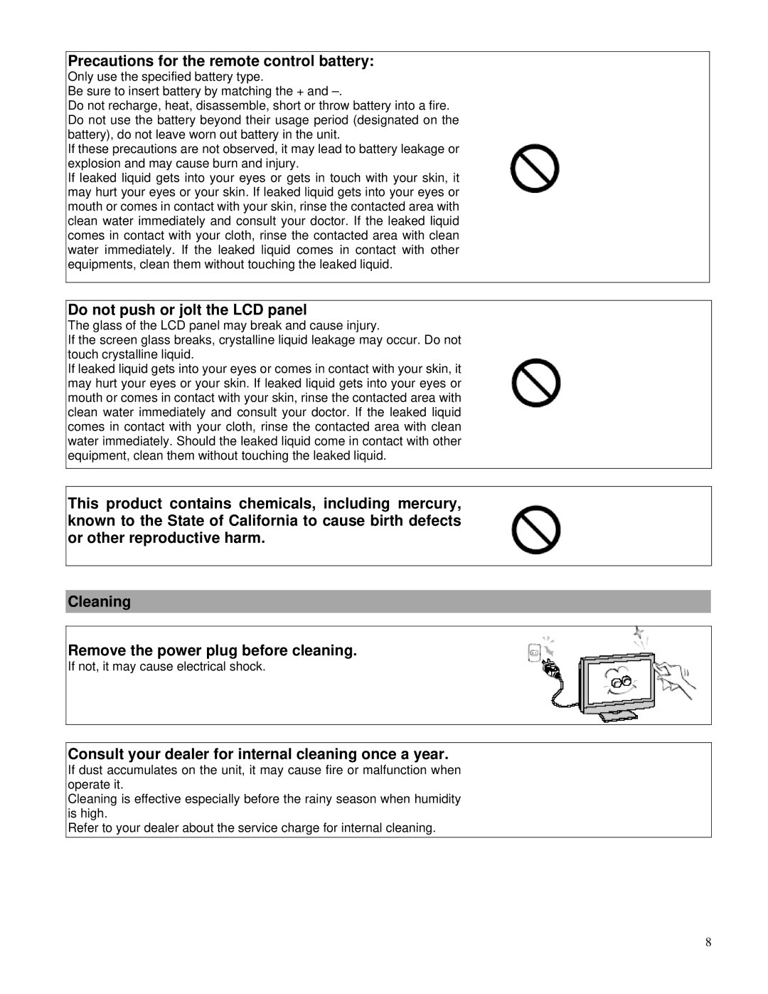 Toshiba P42LHA owner manual Precautions for the remote control battery, Do not push or jolt the LCD panel 