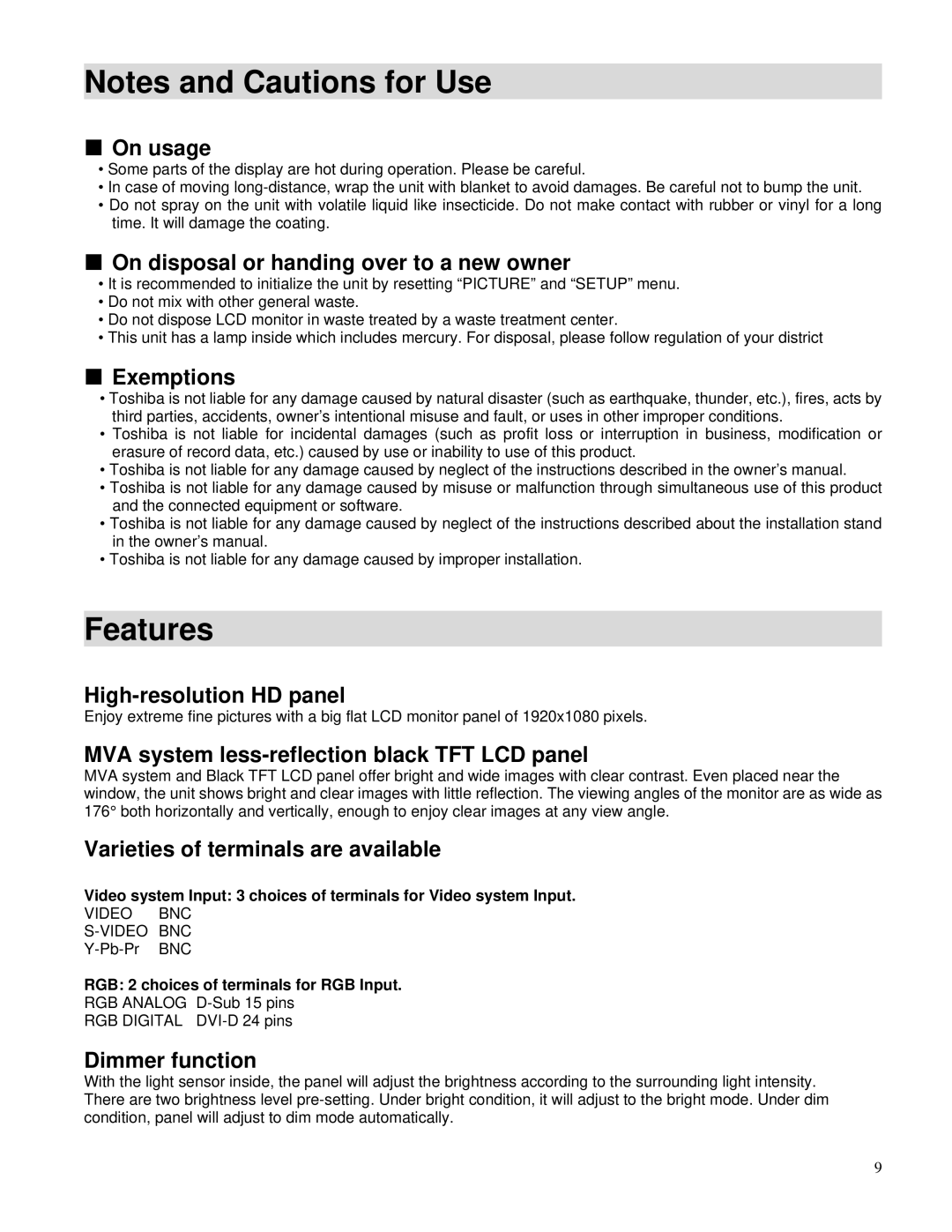 Toshiba P42LHA owner manual Features 