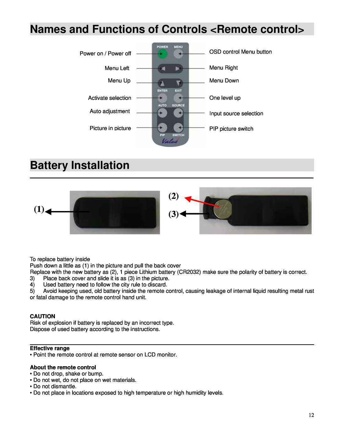 Toshiba P42LHA owner manual Names and Functions of Controls Remote control, Battery Installation, Effective range 