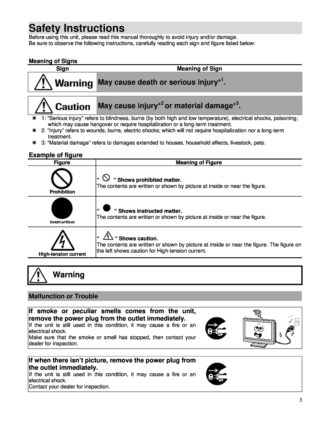 Toshiba P42LHA Safety Instructions, May cause death or serious injury*1, May cause injury*2 or material damage*3, Sign 